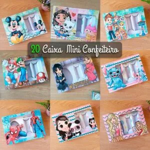 Várias caixas de papelão estampadas com personagens infantis dispostas sobre uma mesa de madeira.