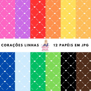 Doze papéis digitais coloridos com padrões de corações brancos e linhas diagonais cruzadas.