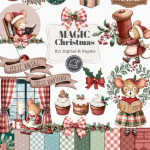 Ilustrações digitais com tema de Natal contendo camundongos, doces, laços e texturas festivas.