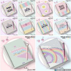 Grade de planners espirais com capas coloridas, canetas e clipes decorativos.