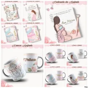 Imagens demonstrando cadernos personalizados e canecas com ilustrações de gestantes em tons pastéis.