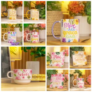 Canecas e placas decorativas com designs florais coloridos e mensagens inspiradoras.
