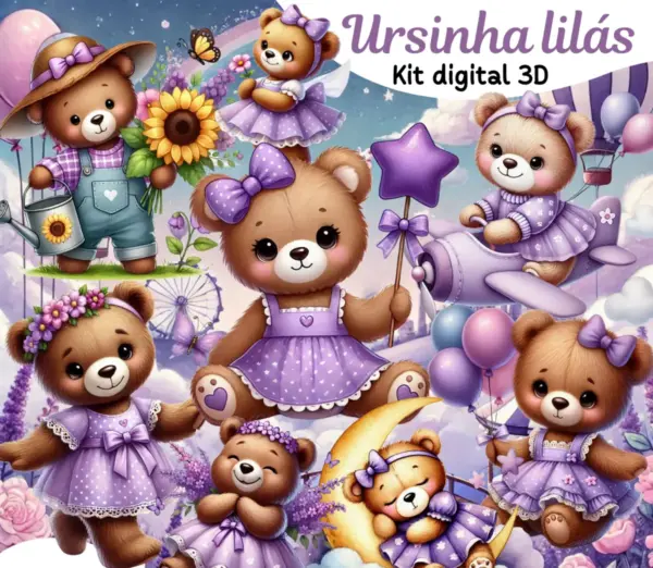 Kit Png Ursinha Fofinha Lilas Para Personalizados 2