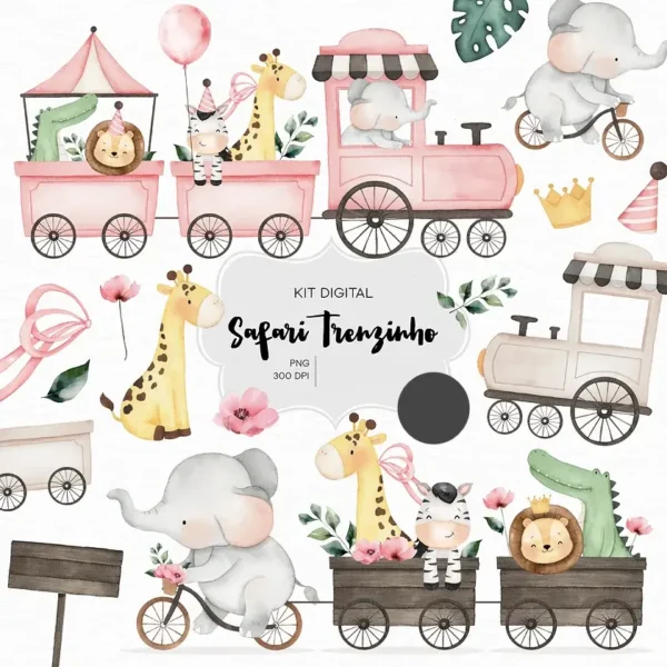 Kit Safari Aquarela: Arte PNG para Papelaria