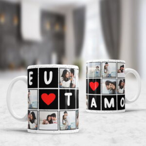 Duas canecas brancas personalizadas com fotos de casais e a frase "EU TE AMO".