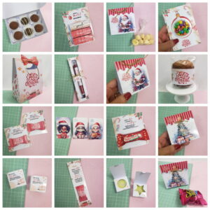 Coleção de embalagens artesanais natalinas variadas, contendo doces e lembranças festivas em diversas apresentações.