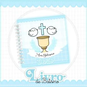 Livro Batizado Menino - Arquivo Digital 26 Capa de livro de batismo azul com ilustrações de pombas, cruz e cálice.
