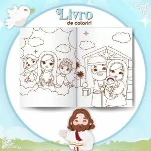Ilustração de um livro de colorir aberto com desenhos bíblicos infantis