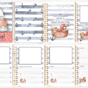 Layout de oito páginas digitais de um álbum infantil com tema náutico e ursos.