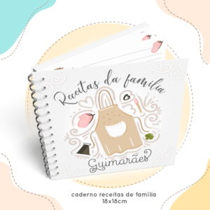 Caderno de receitas espiralado com capa ilustrada contendo avental e utensílios culinários.