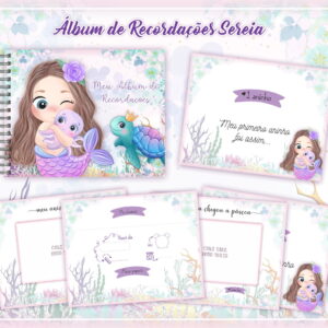 Ilustração digital de álbum infantil com tema de sereia e elementos marinhos decorativos.