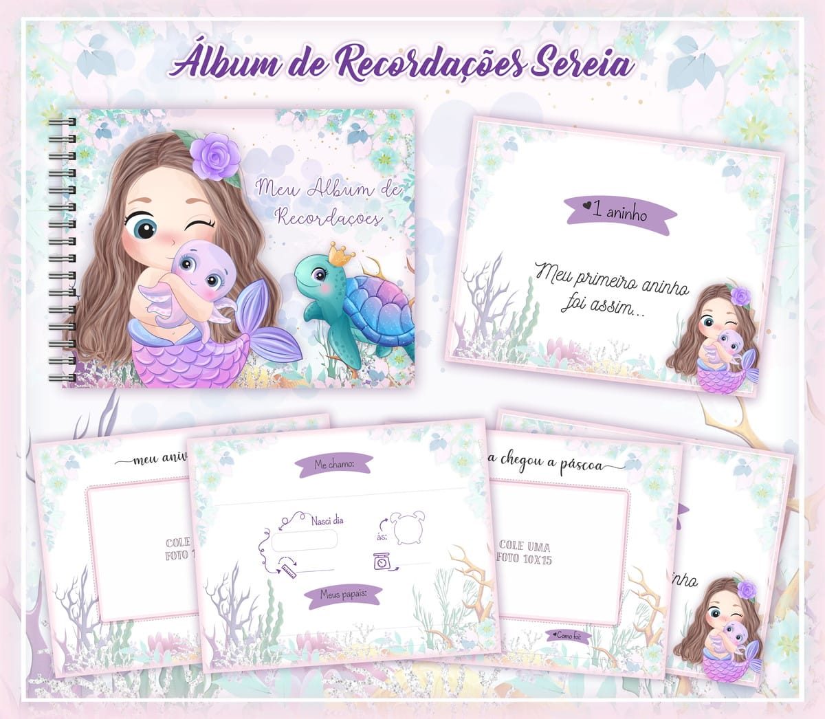 Livro de Recordações Bebê Sereia PDF para Imprimir 1 Ilustração digital de álbum infantil com tema de sereia e elementos marinhos decorativos.