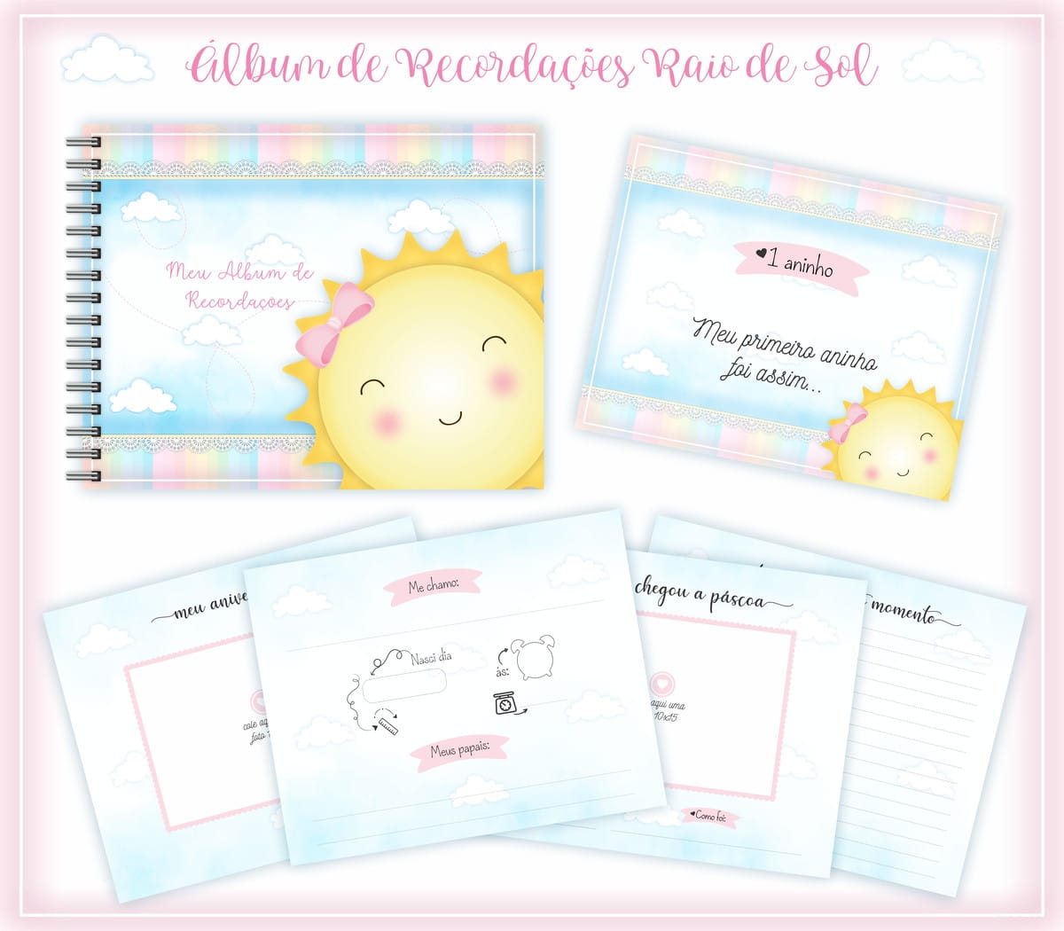 Livro de Recordações do Bebê Tema Raio de Sol PDF 1 Arte digital de álbum de recordações infantil com tema de sol e nuvens