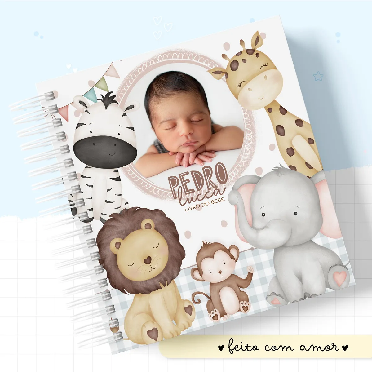 Livro do Bebê Animais Cute Menino - Arquivo Digital 2 Capa de caderno infantil com ilustrações em aquarela de animais da selva e foto de bebê.