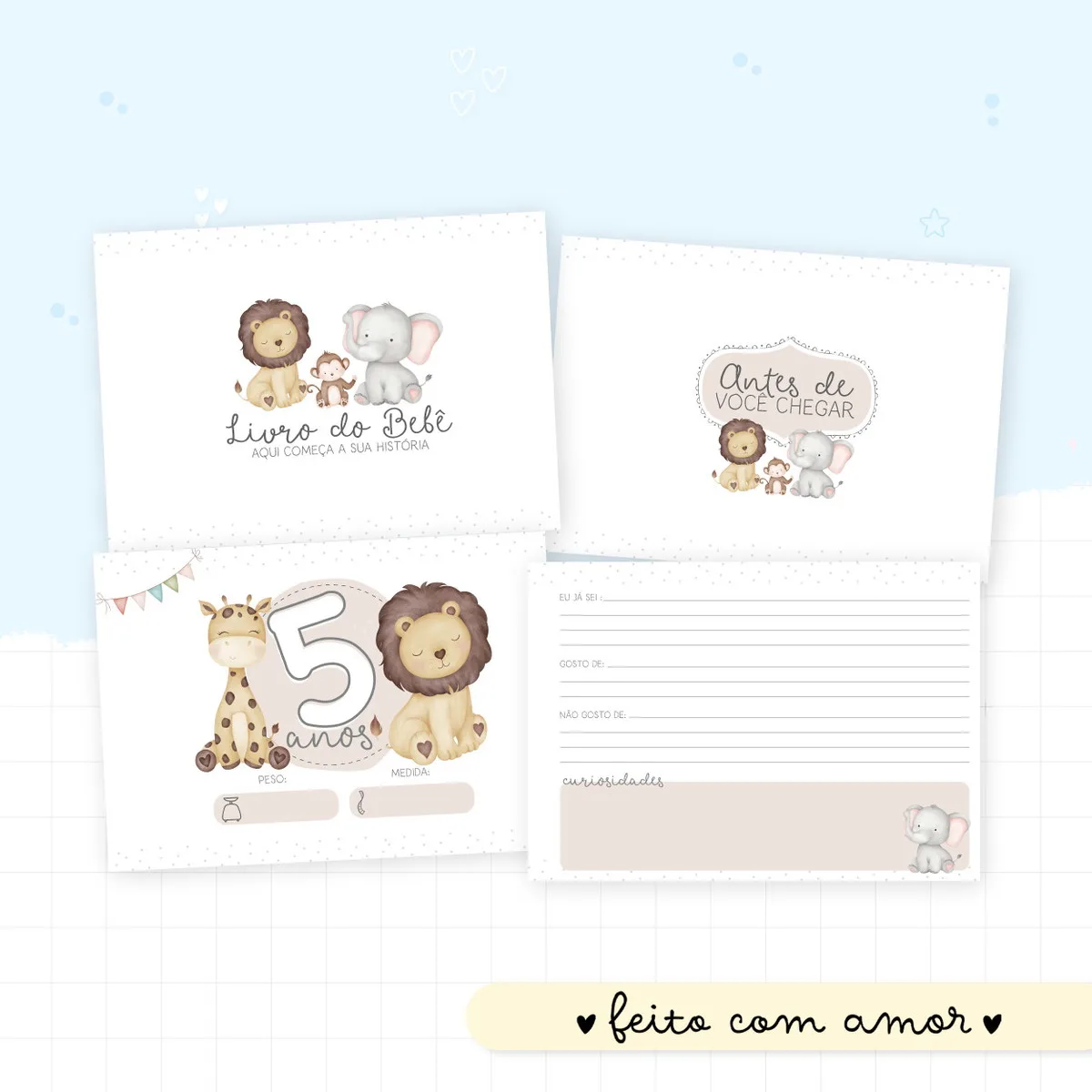 Livro do Bebê Animais Cute Menino - Arquivo Digital 3 Quatro páginas de um livro de bebê personalizado com ilustrações de animais fofos