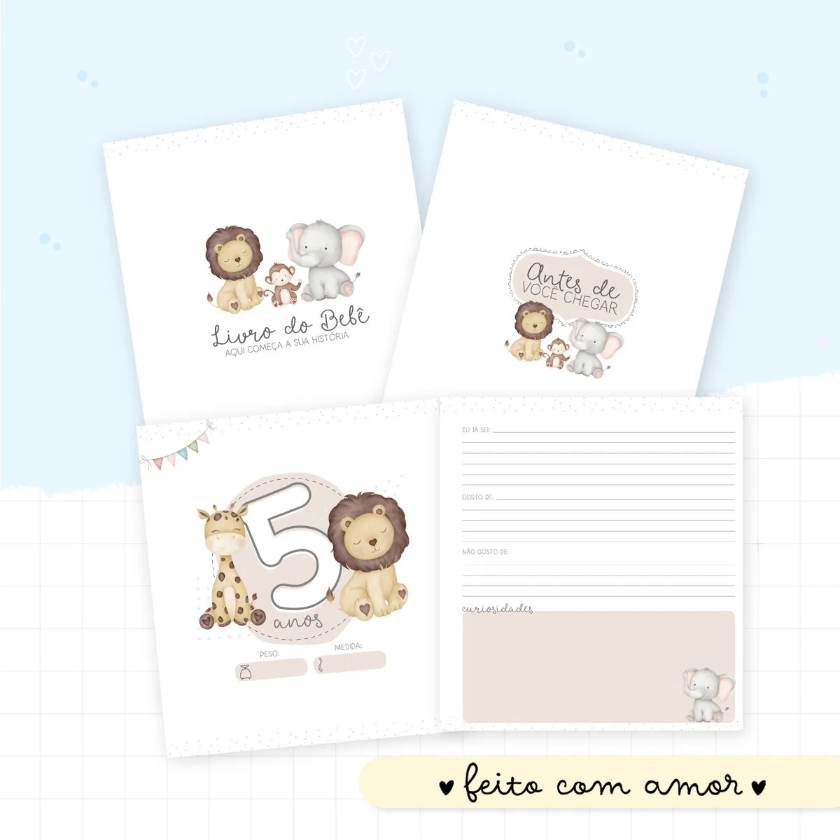Livro do Bebê Animais Cute Menino - Arquivo Digital 4 Paginas de um livro infantil personalizado com ilustracoes de animais fofos