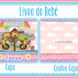 Capa e contracapa digitais de livro do bebê com arca e animais. Tema infantil.