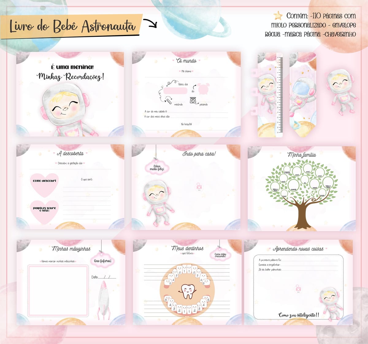 Livro do Bebê Astronauta Rosa PDF para Imprimir 3 Páginas digitais de álbum de bebê com tema espacial, astronauta, régua e chaveiro.