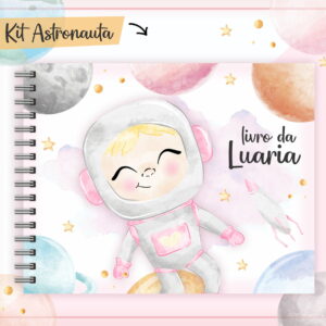 Caderno espiral com ilustração de bebê astronauta em fundo de espaço e texto.