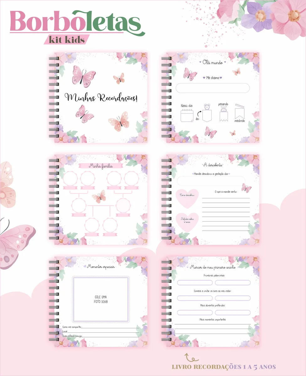 Seis páginas de um diário infantil decoradas com ilustrações de flores e borboletas rosas.
