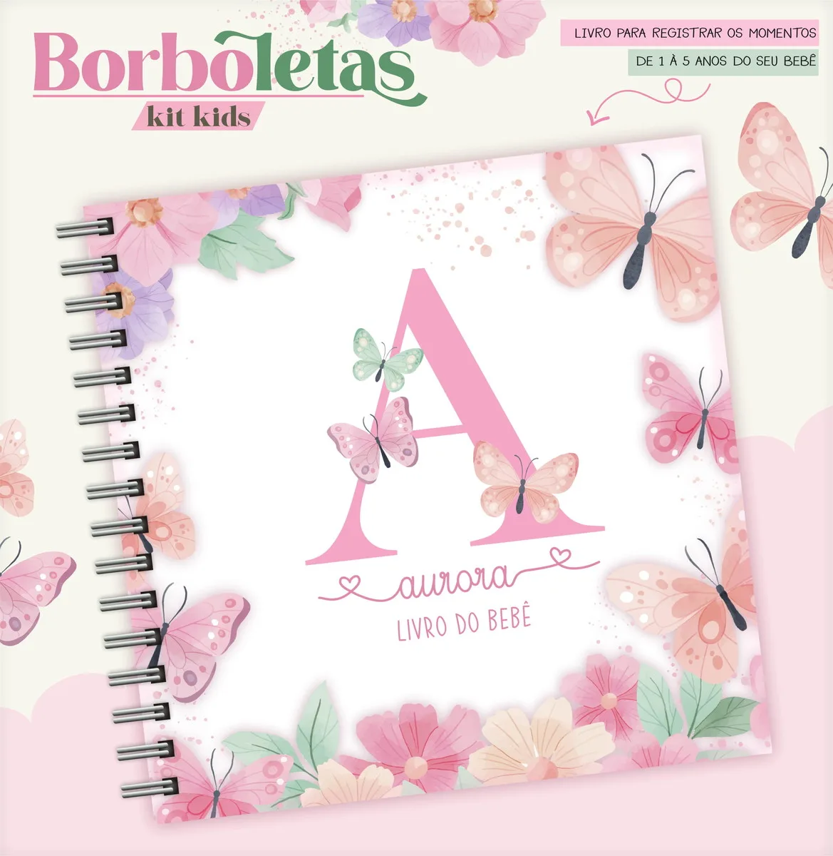 Caderno espiral com ilustrações de borboletas e flores em tons de rosa e verde.