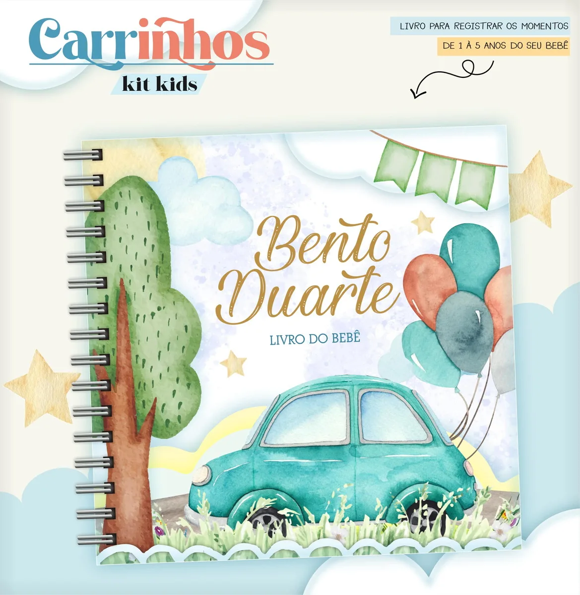 Livro do Bebê Carrinhos - Arquivo Digital 1 Capa de livro de bebê ilustrada com carrinho azul, árvore e balões coloridos.