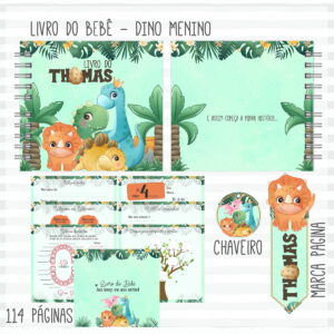 Arte digital de livro do bebê com tema de dinossauros, páginas e acessórios visíveis.