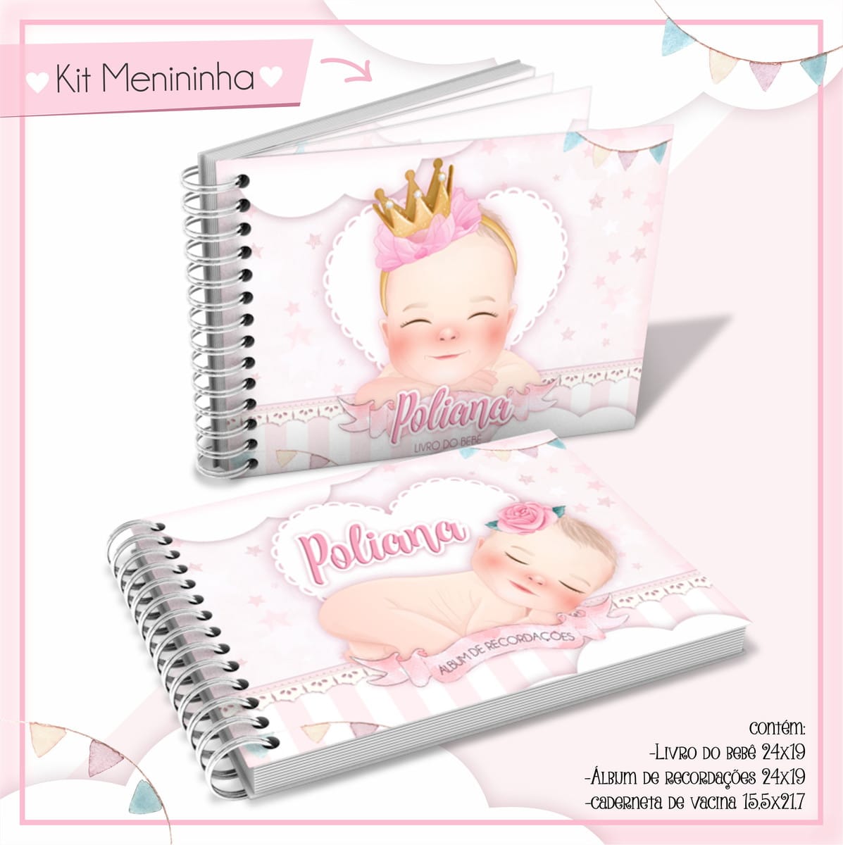 Livro do Bebê Menininha Digital para Editar e Imprimir 2 Kit de arte digital para bebê menina: designs de livro, álbum e caderneta.