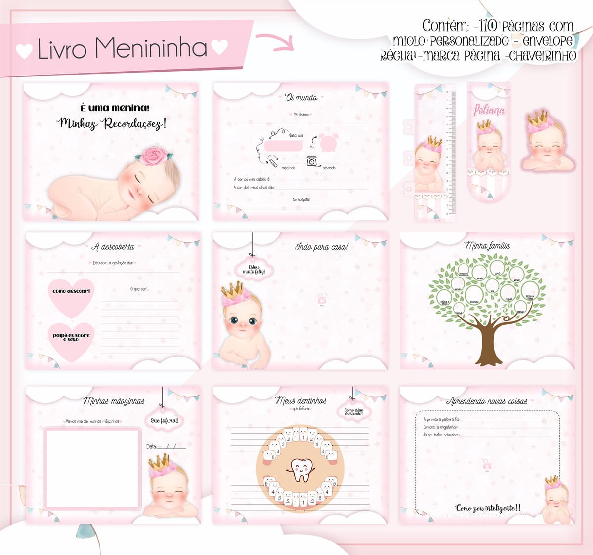 Livro do Bebê Menininha Digital para Editar e Imprimir 3 Kit digital de livro de recordações para bebê menina, com páginas e acessórios rosa.