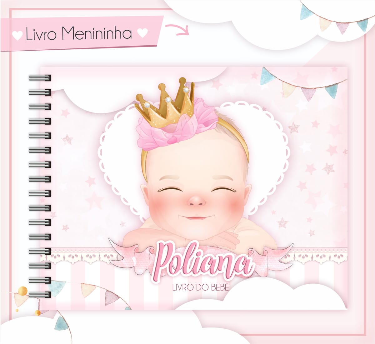 Livro do Bebê Menininha Digital para Editar e Imprimir 1 Arte digital de capa de livro do bebê menininha, rosa com ilustração de bebê.