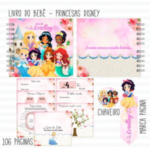 Kit digital de recordação infantil com ilustrações de princesas e temas de bebê.