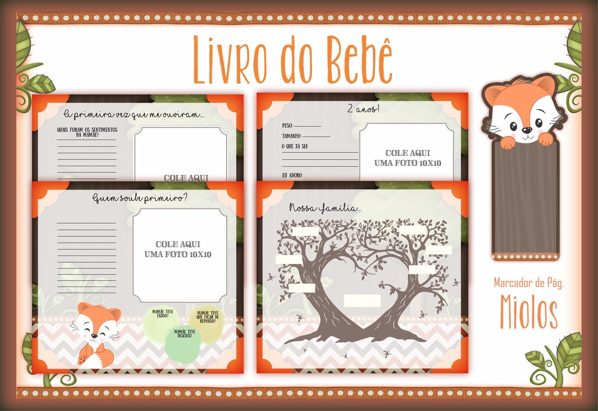 Livro do Bebê Raposo Editável com 94 Páginas para Montar 2 Layout digital de livro do bebê com tema florestal e ilustrações de raposas.