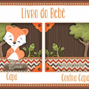Design digital para capa e contracapa de livro de bebê com tema florestal e raposa.