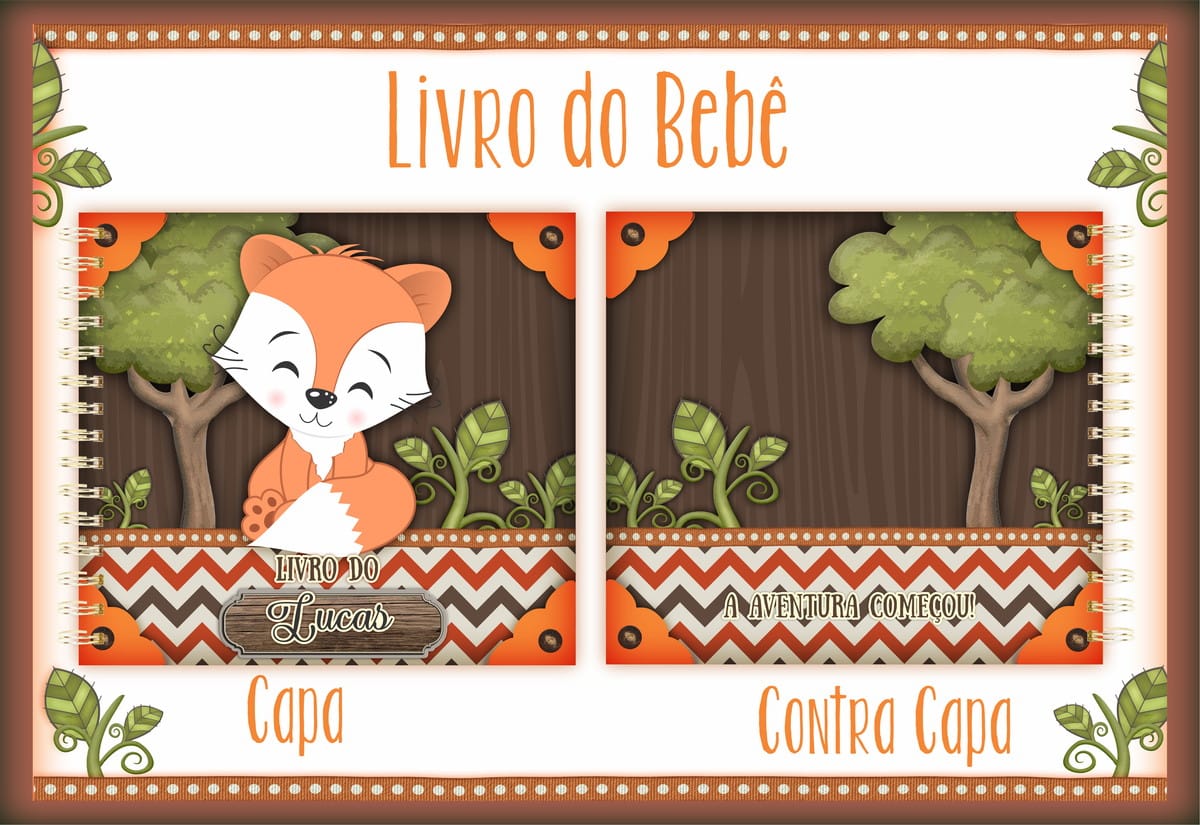 Livro do Bebê Raposo Editável com 94 Páginas para Montar 1 Design digital para capa e contracapa de livro de bebê com tema florestal e raposa.