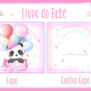 Capa e contracapa de livro infantil com tema de panda e balões coloridos.