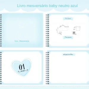 Apresentação de páginas de um livro de mesversário em tons de azul e branco.