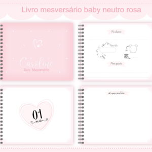 Arte digital de livro de mesversário rosa aberto, com páginas para dados do bebê e fotos.