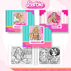 Livros de colorir digitais com personagens femininas e páginas de amostra em preto e branco.