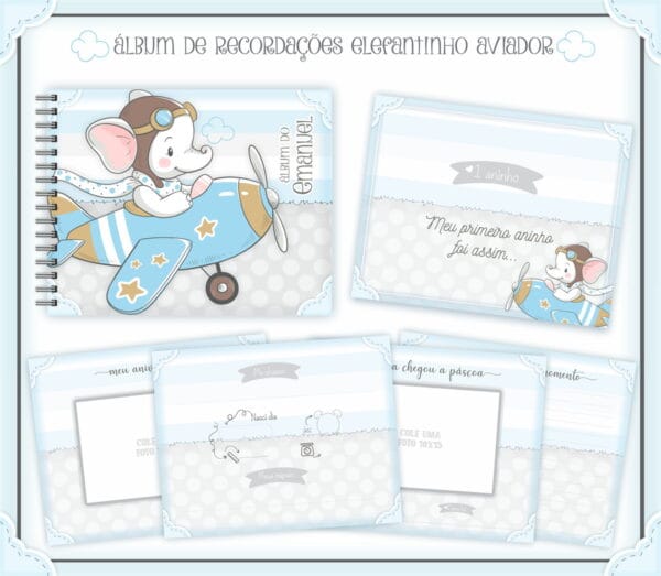 Livro Recordações Bebê Elefantinho Aviador - Arquivo Digital