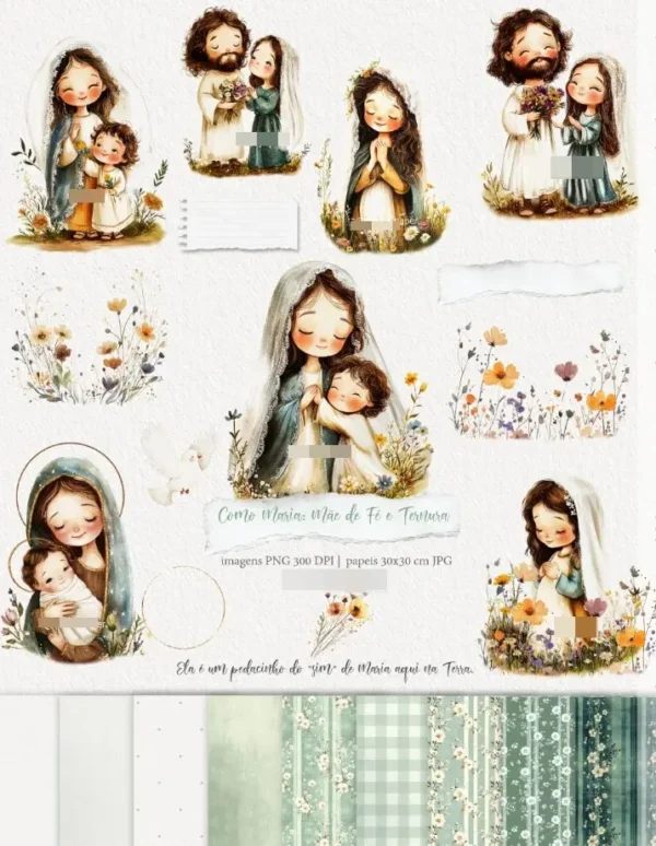 Maria Mãe de Fé e Ternura: Kit Aquarela Digital PNG