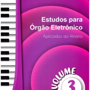 Capa de livro com teclado lateral, fundo roxo e título sobre estudos para órgão eletrônico.