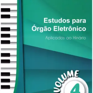 Capa de livro sobre estudos para órgão eletrônico com teclas de piano na lateral.