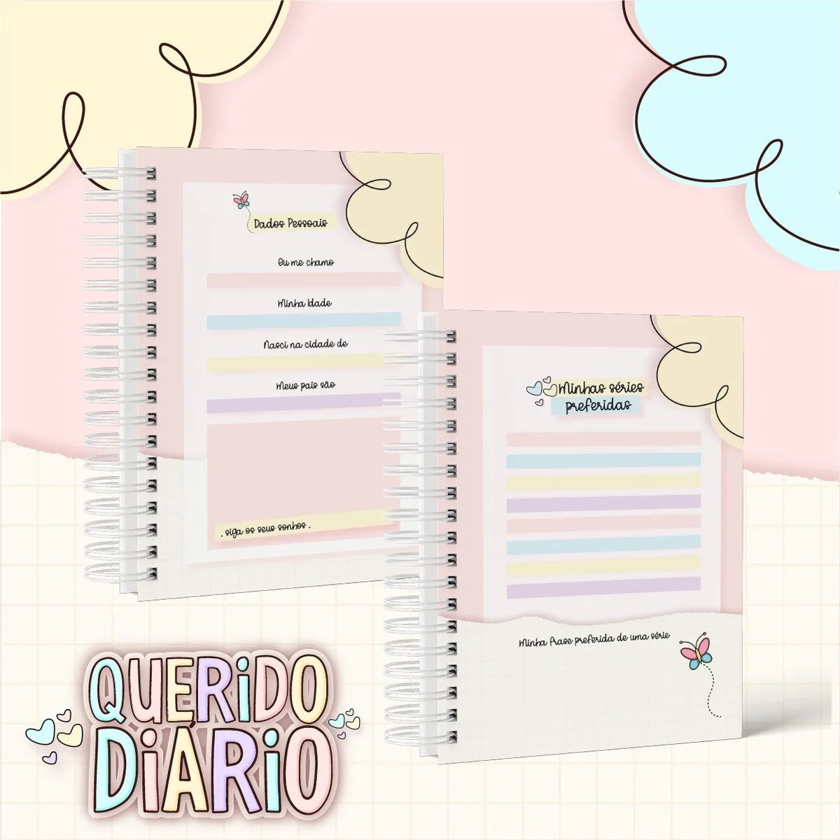 Dois cadernos espiral abertos exibindo páginas internas com campos para preenchimento de dados pessoais.
