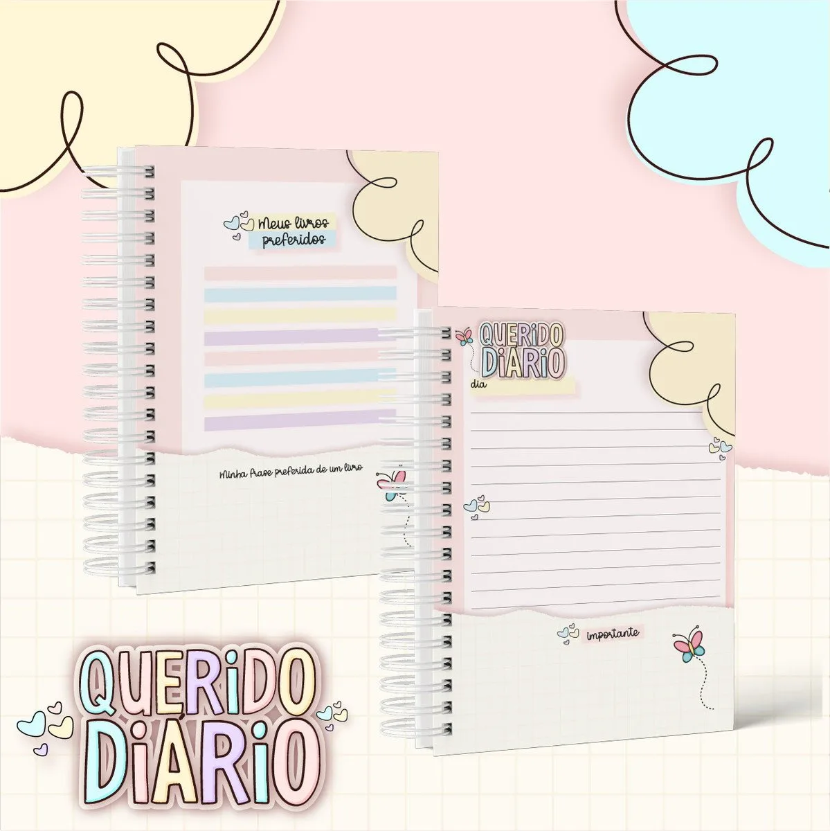Duas páginas de caderno com espiral e desenhos de corações e borboletas decorativas.