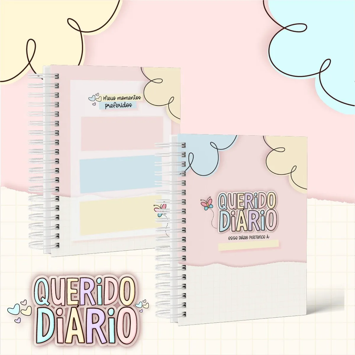 Dois cadernos espiral de capa dura com design delicado e infantil em tons pastéis.
