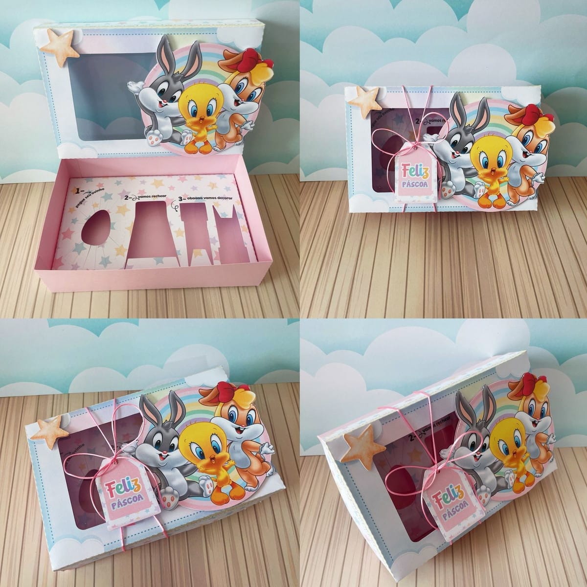 Caixa Mini Confeiteiro Looney Tunes em PDF e Studio 3 Arte digital de caixa de Páscoa com coelho, passarinho e instruções para ovo.