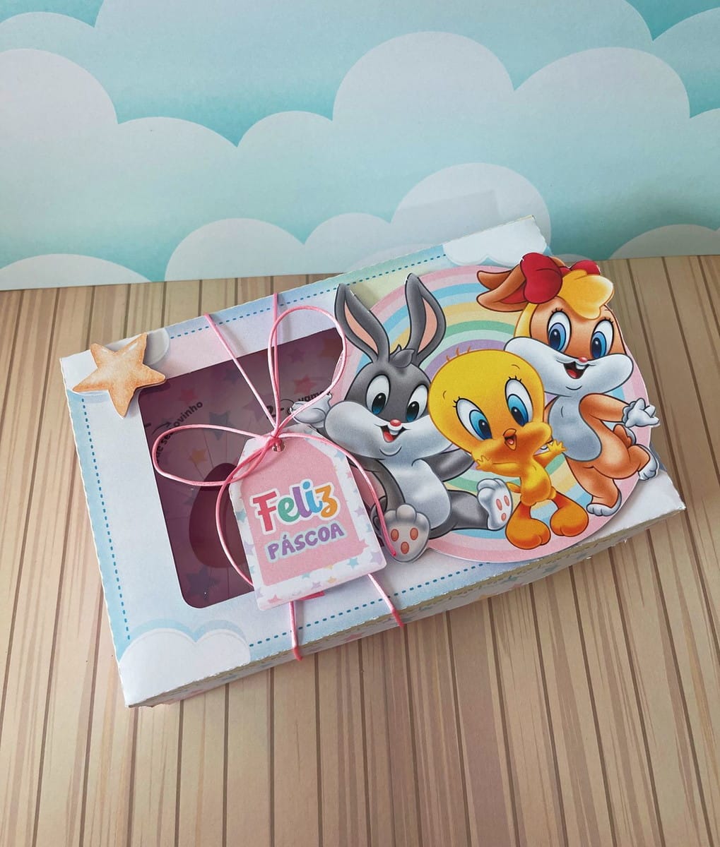 Caixa Mini Confeiteiro Looney Tunes em PDF e Studio 4 Design digital de caixa de Páscoa com coelho, pássaro e coelha em arco-íris.