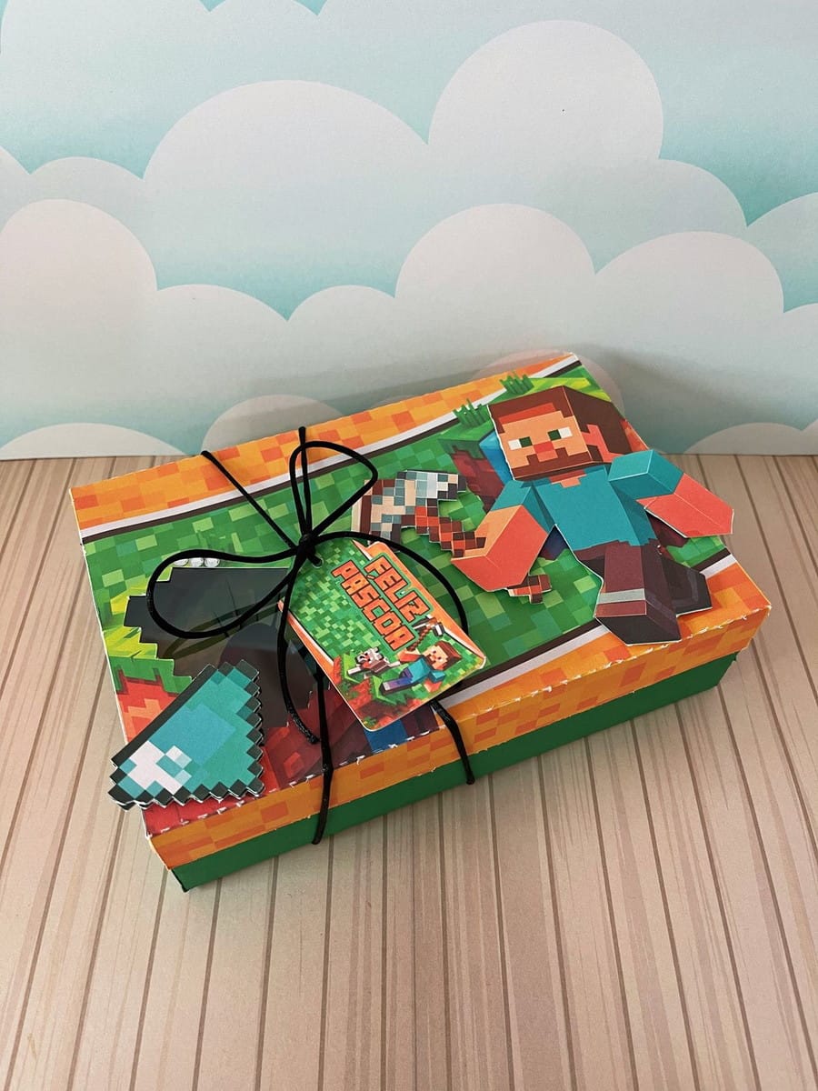 Kit Digital Mini Confeiteiro Minecraft para Doces 4 Arte digital para embalagem com personagem estilo blocos e tag "Feliz Páscoa".