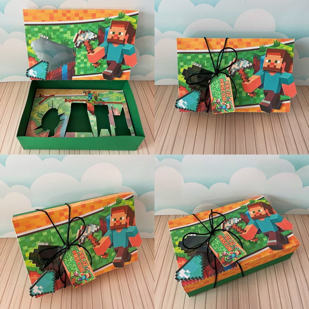 Kit Digital Mini Confeiteiro Minecraft para Doces 1 Caixa decorada com tema de jogo pixelado, aberta e fechada, com etiqueta "Feliz Páscoa".