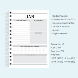 Pagina de planejamento mensal de janeiro com secoes para metas e compromissos.